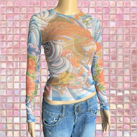 Vintage Just in Time Micro Mesh Dragon Long Sleeve Fitted Shirt - Picture 1 of 6